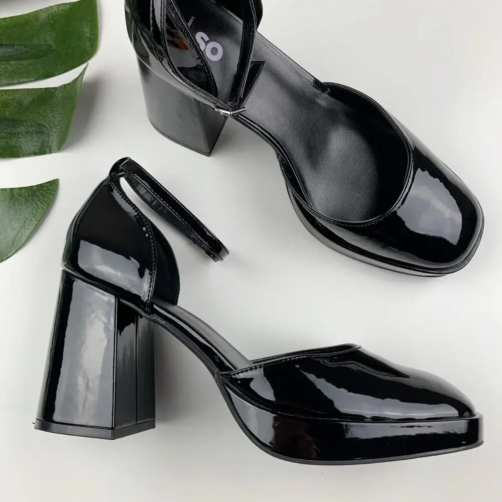 SO Chunky Heels Platform Black Faux Patent Leather Women’s 9